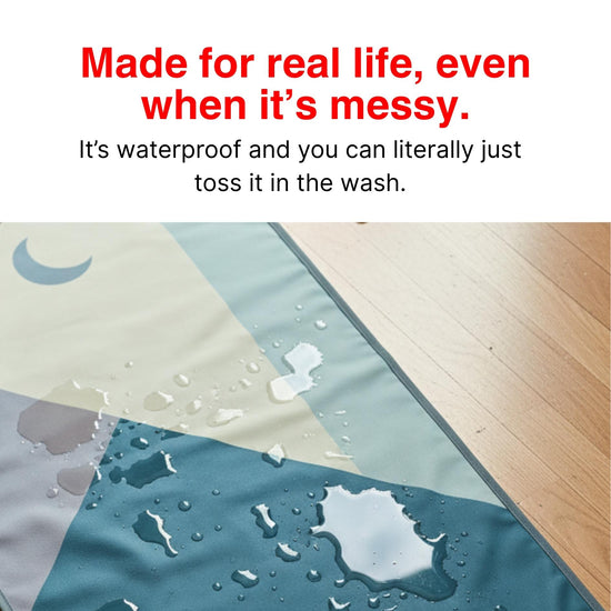 Waterproof portable prayer mat with water droplets on surface, easy to wash